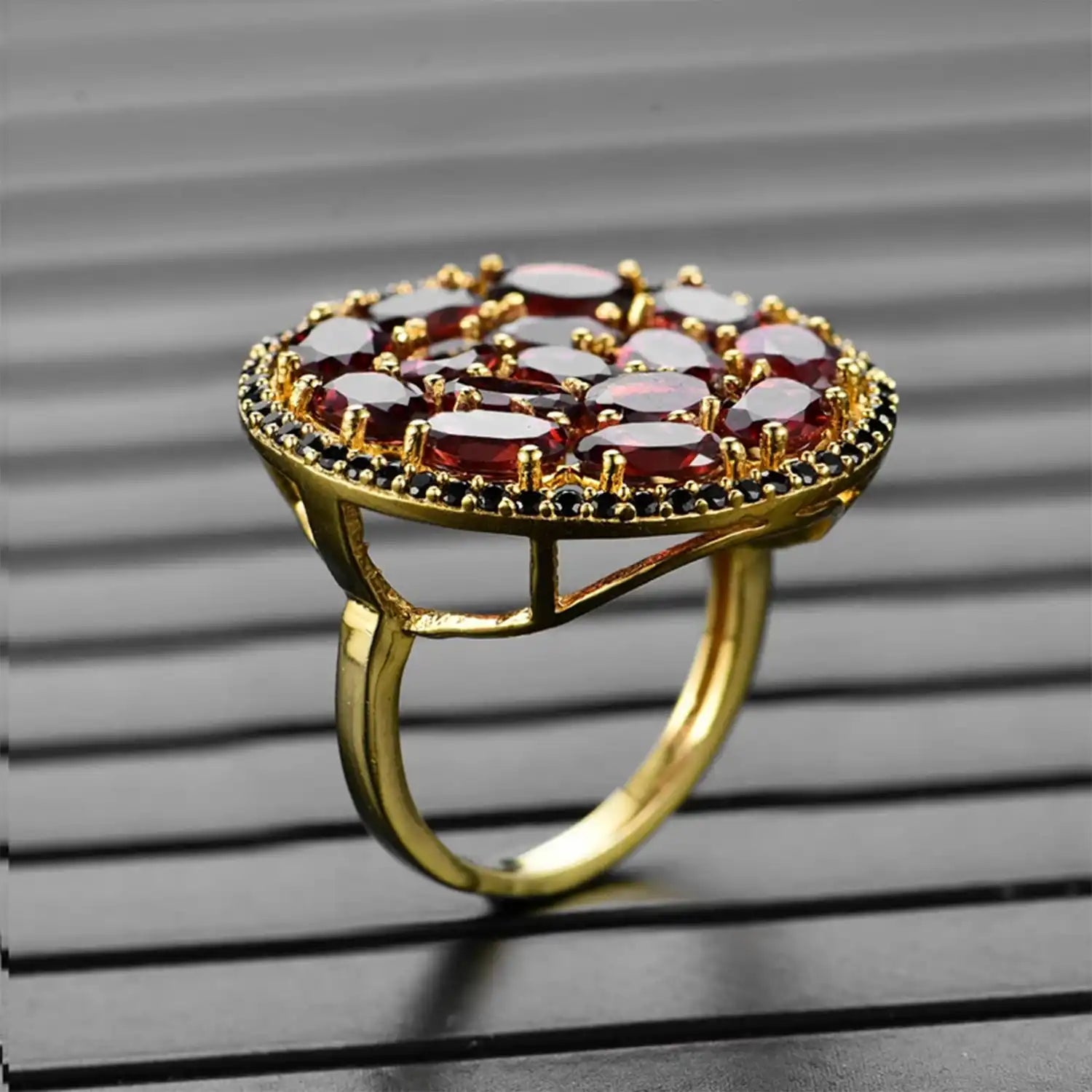 Natural Garnet Sterling Silver Ring with Zircon Accents